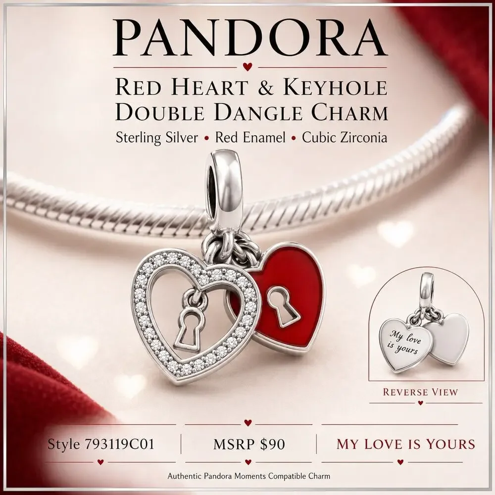 Pandora Red Heart Keyhole Double Dangle Charm 793119C01 Sterling Silver